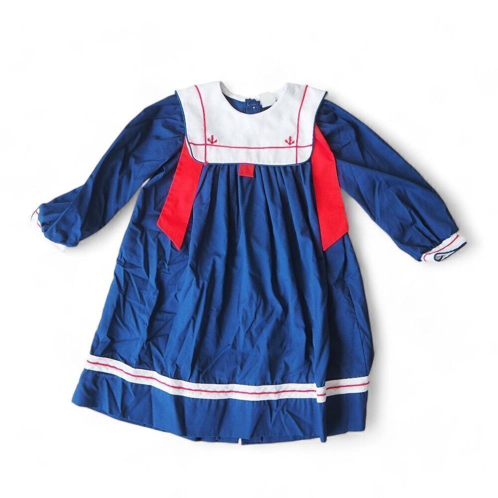 Bryan Vintage 80s-90s Sailor Smocked‎ Dress Navy / White / Red Youth Girls 6